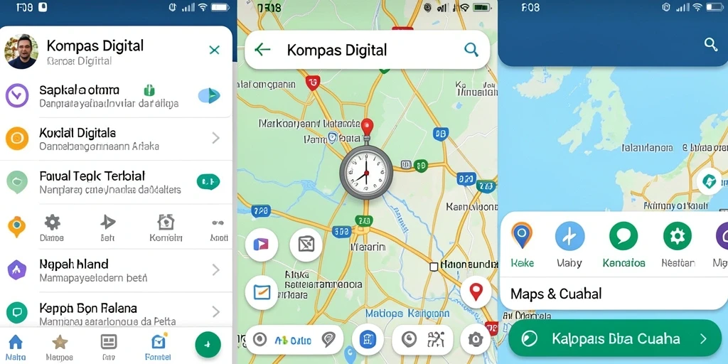 Tampilan utama F08 menunjukkan kompas digital dan peta interaktif untuk navigasi.