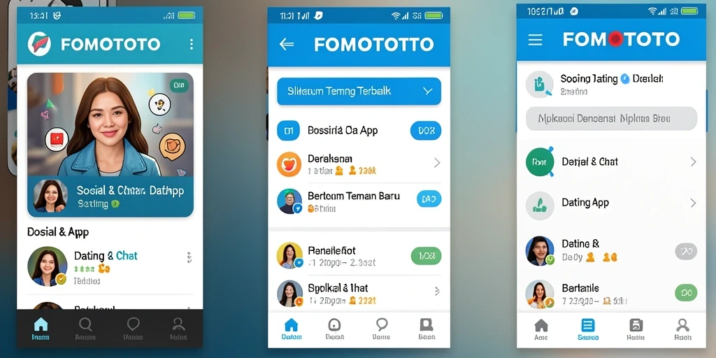 Tampilan antarmuka FOMOTOTO yang modern dan menarik untuk aplikasi Dating.